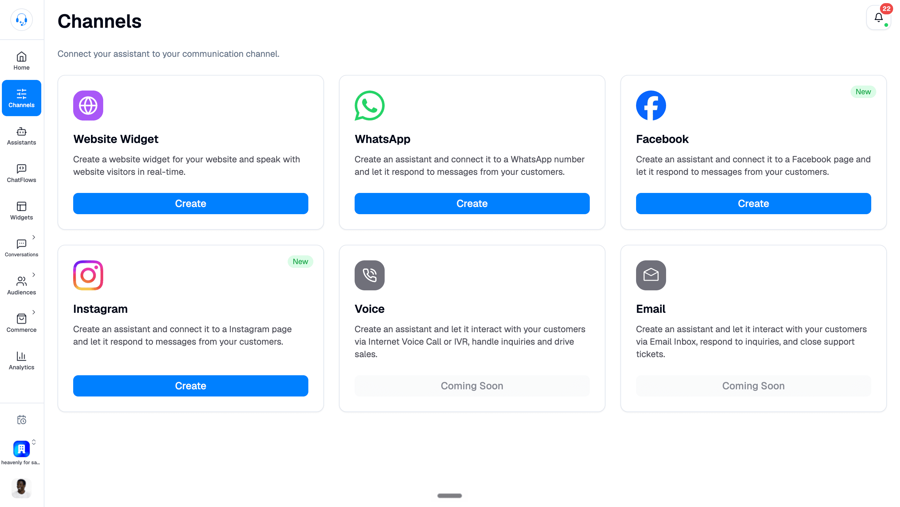 Intelli Channels page with Create buttons for Website Widget, WhatsApp, Facebook, and Instagram, and Coming Soon labels for Voice and Email.