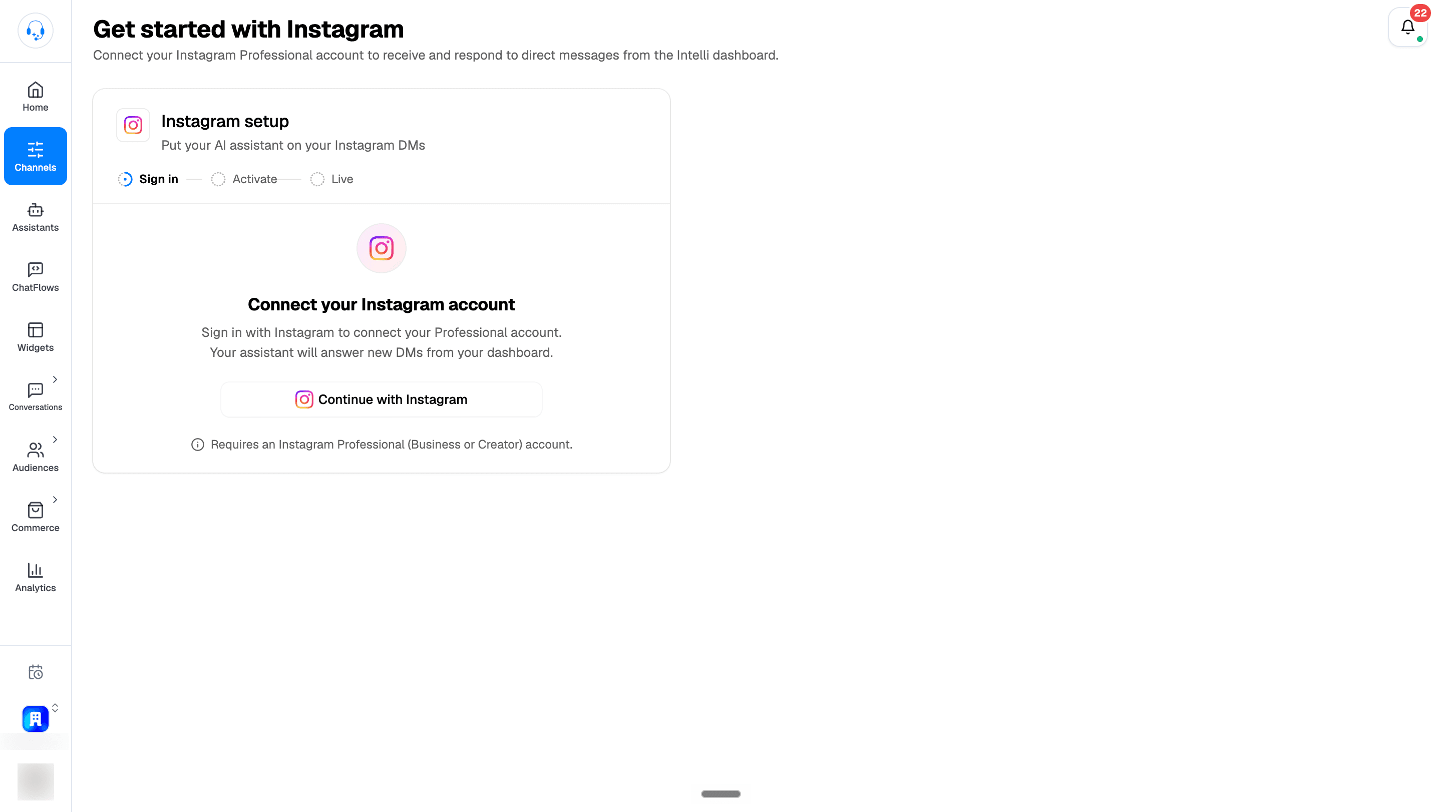 Get started with Instagram page showing the Instagram setup card, Sign in, Activate, and Live stages, and Continue with Instagram button. The sidebar organization name and profile photo are blurred.