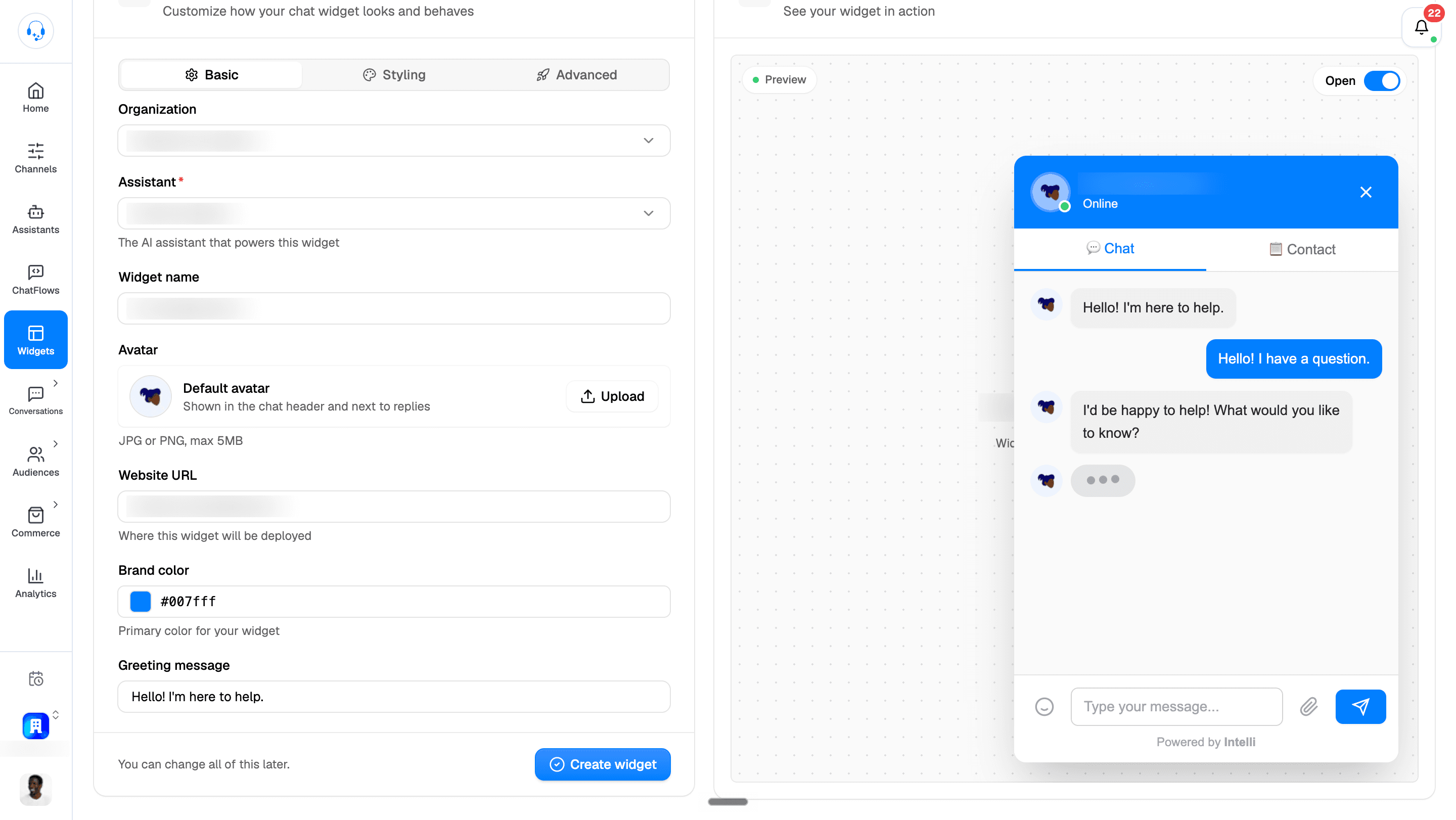 Basic widget configuration with organization, assistant, widget name, avatar upload, website URL, brand color, greeting, Create widget button, and an open chat preview. Identifying values are blurred.