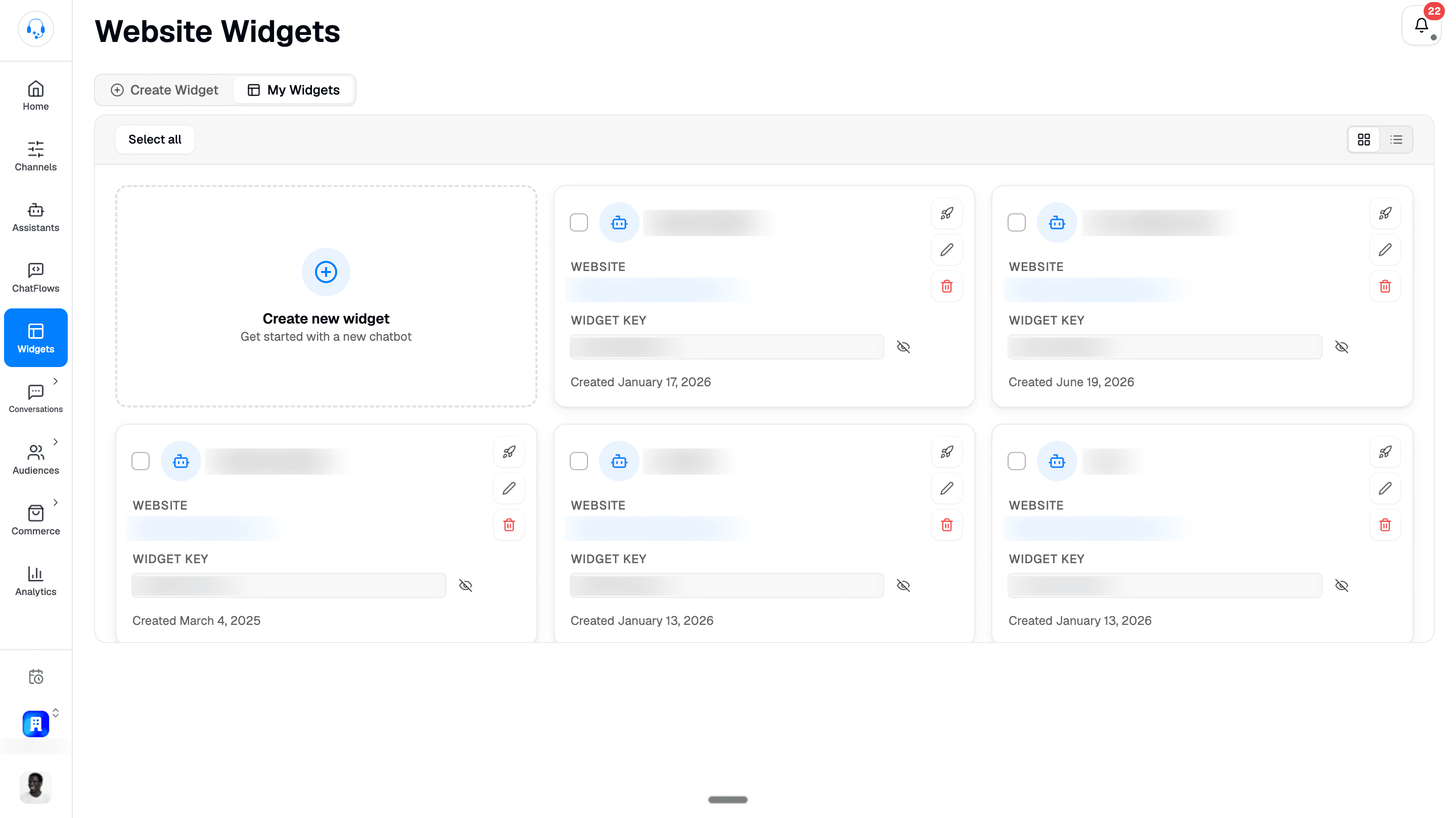 My Widgets grid with Create new widget, Select all, grid and list views, and deployment, edit, and delete controls on each card. Widget names, websites, keys, and the sidebar organization name are blurred.