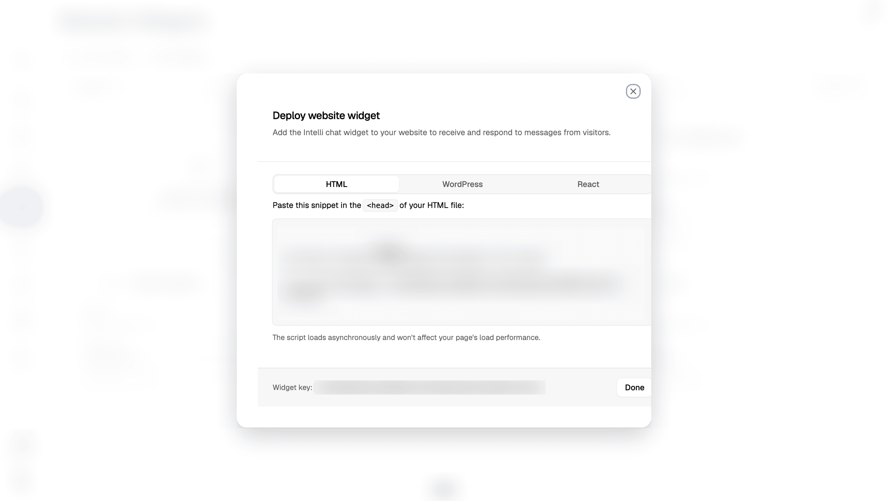 Deploy website widget dialog on the HTML tab, with placement instructions and Done button visible. The code snippet, URL, widget key, and background details are blurred.