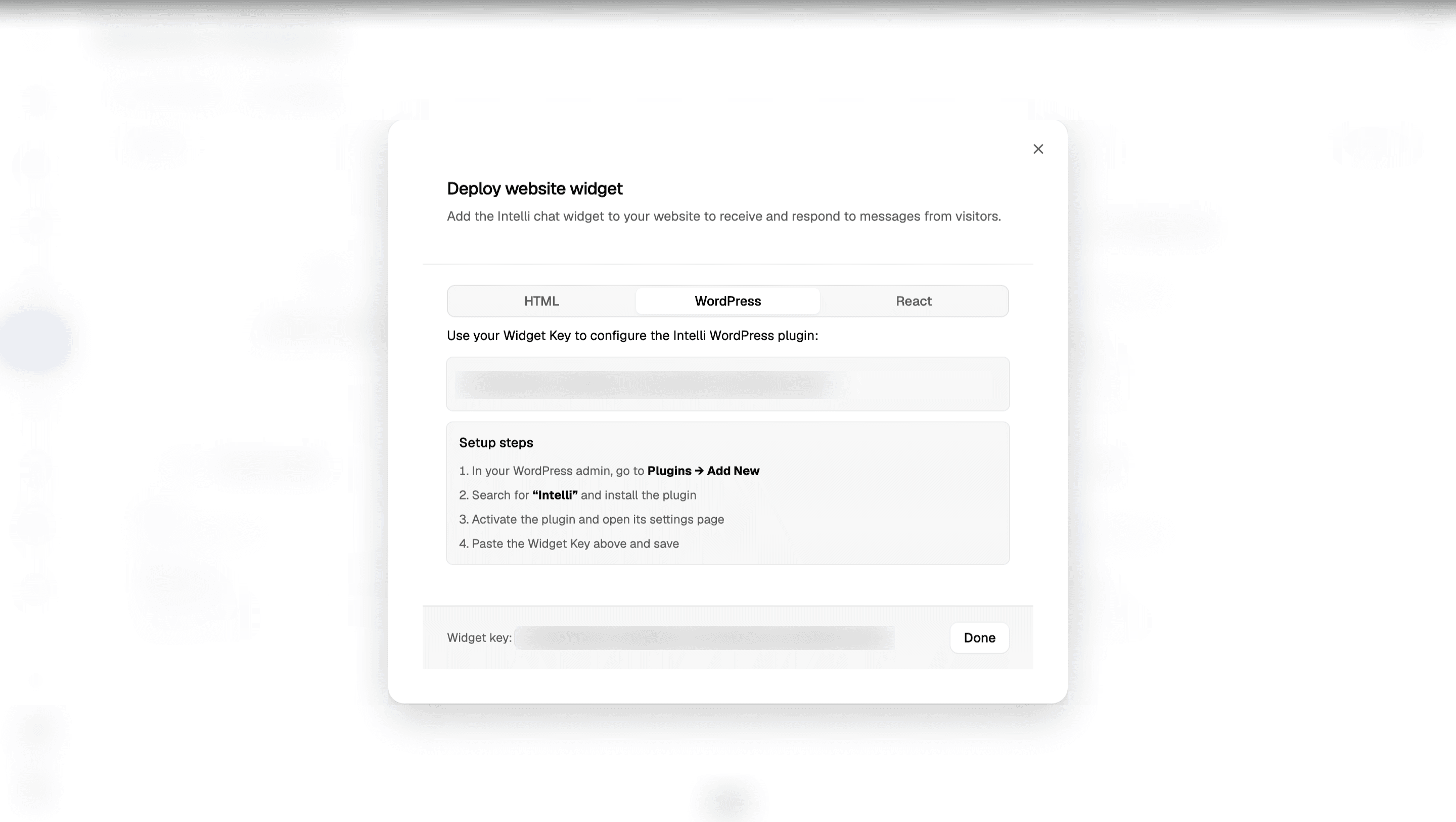 WordPress deployment tab with plugin installation, activation, and configuration instructions. Both displayed widget keys and background details are blurred.