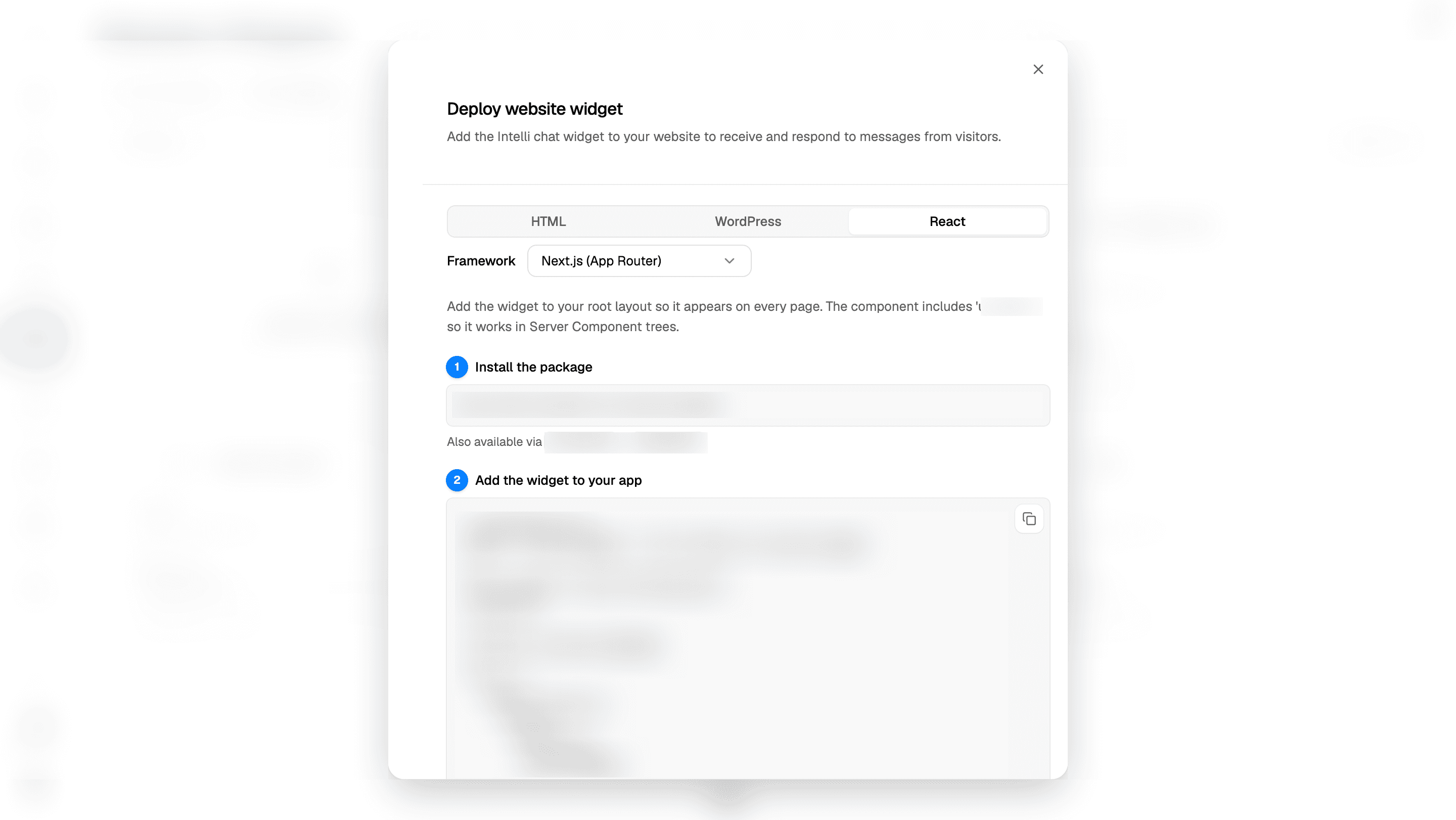 React deployment tab with Next.js App Router selected, installation and app setup headings, and a copy control. Commands, code, and background details are blurred.