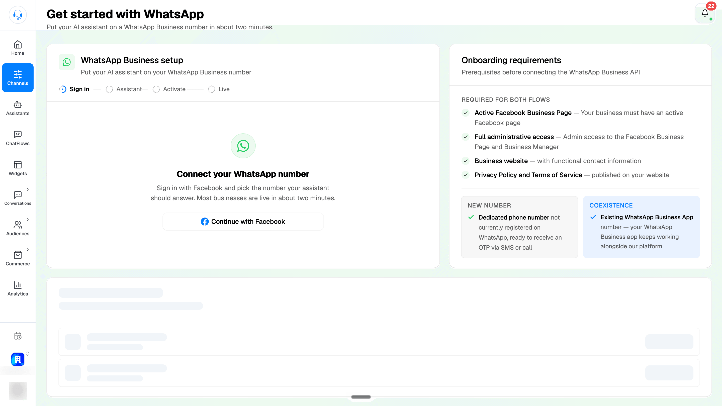 Get started with WhatsApp page showing the WhatsApp Business setup stages, Continue with Facebook, and onboarding requirements for new numbers and coexistence. The sidebar organization name and profile photo are blurred.