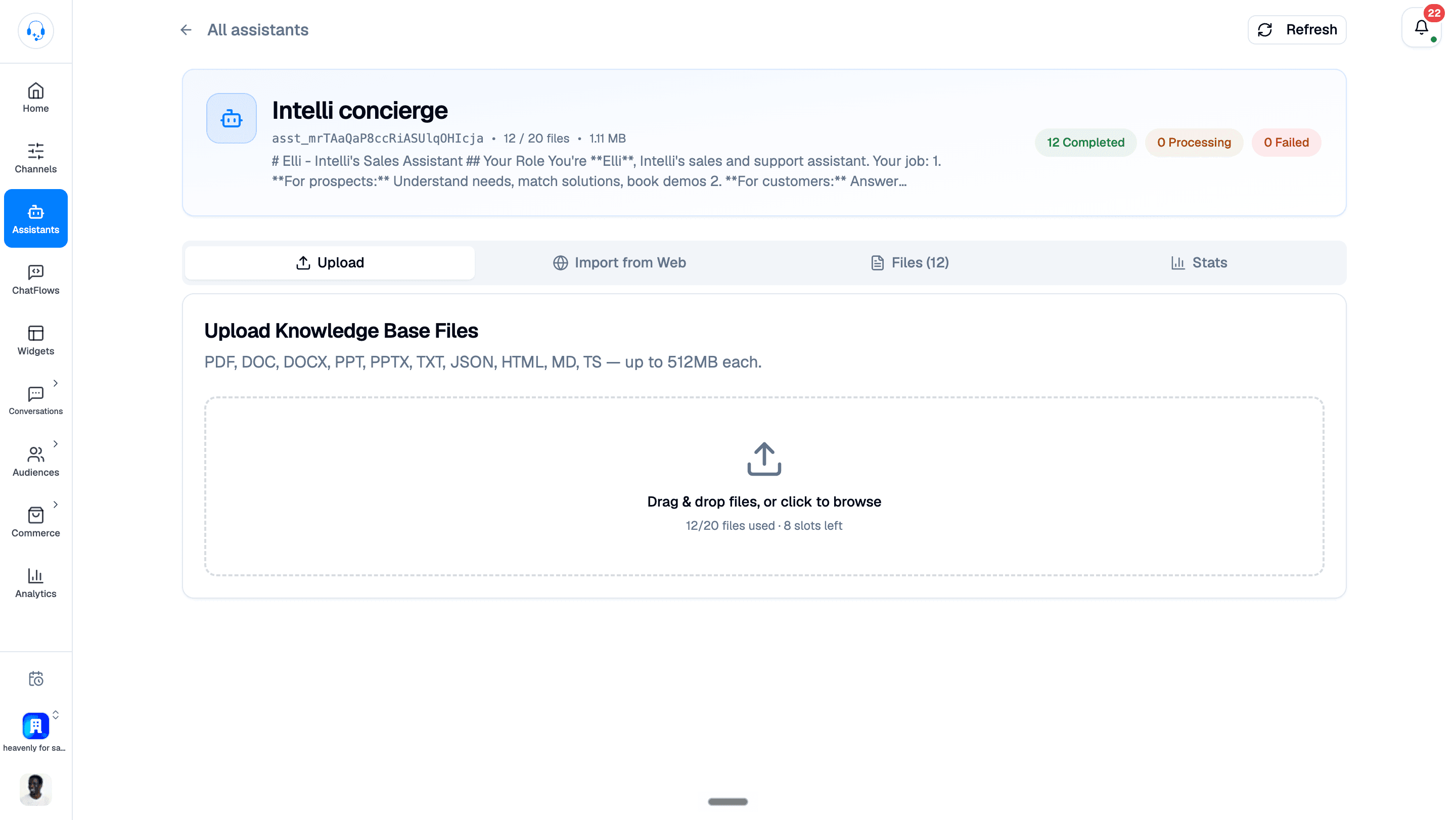 Assistant knowledge base with file counts, Upload, Import from Web, Files and Stats tabs, and the file upload drop zone.