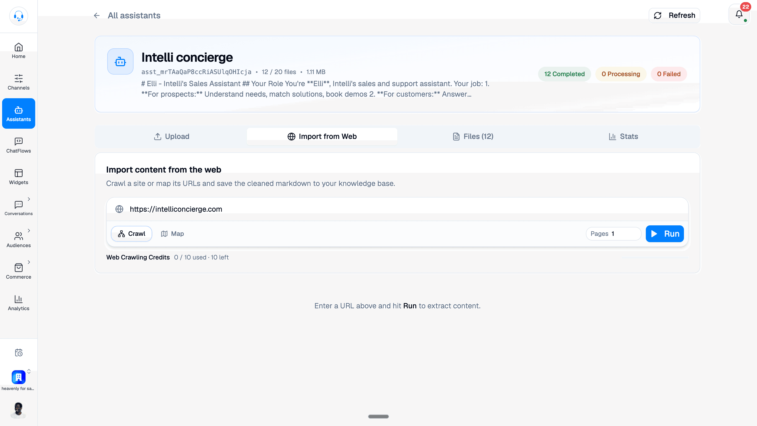 Import from Web with a website URL entered, Crawl selected, Pages set to 1, the Run button, and remaining Web Crawling Credits.