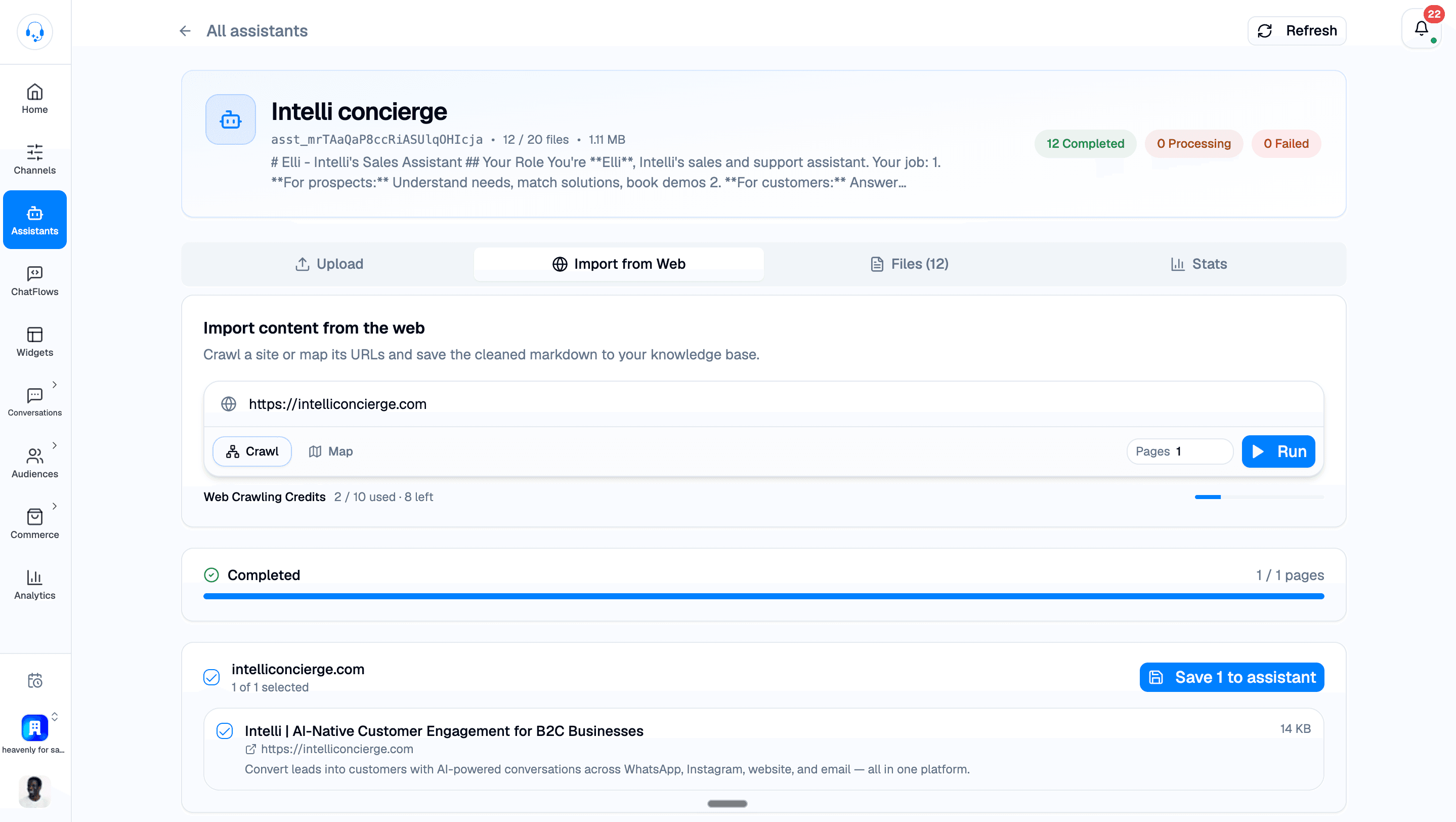Completed crawl showing 1 of 1 pages, a selected website result, and the Save 1 to assistant button before saving.