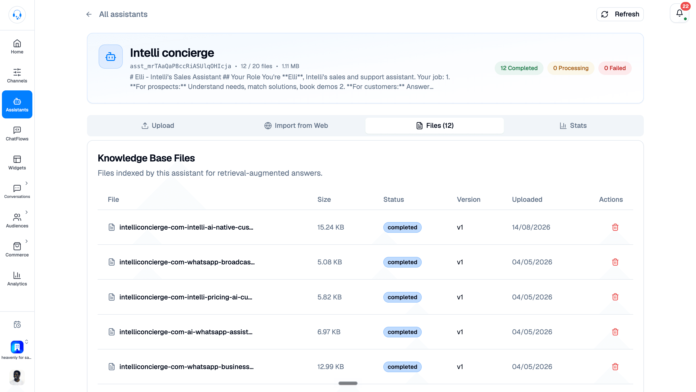 Knowledge Base Files table with filenames, sizes, completed status badges, versions, upload dates, trash actions, and Refresh at the top right.