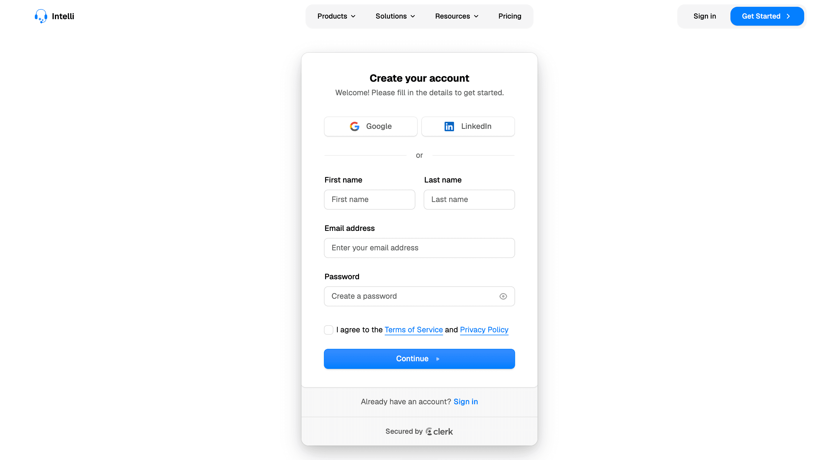 Intelli account creation form with Google and LinkedIn sign-up options, name, email and password fields, a terms checkbox, and Continue button.
