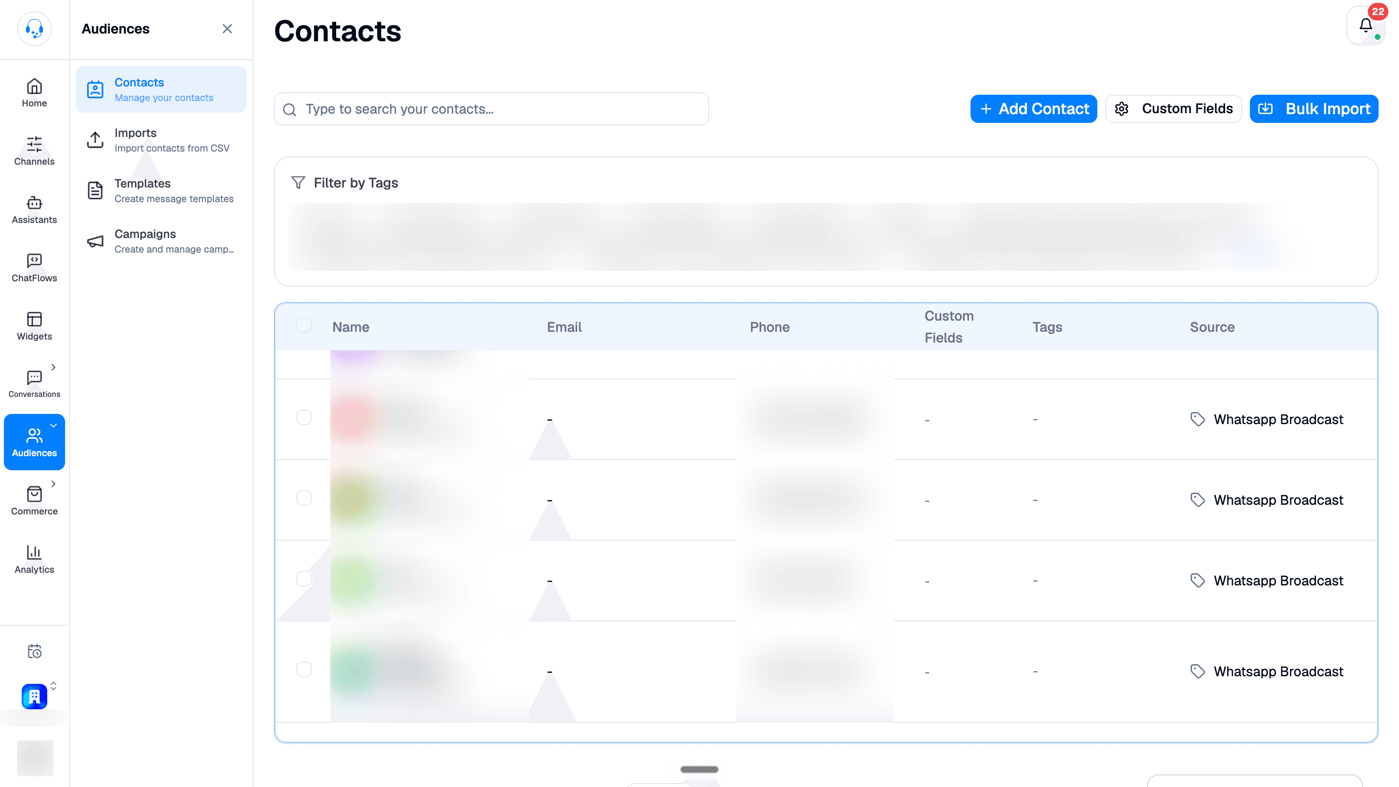 Audiences Contacts page with search, Filter by Tags, Add Contact, Custom Fields, Bulk Import, and contact table columns. Contact identities, tag values, and sidebar identity details are blurred.