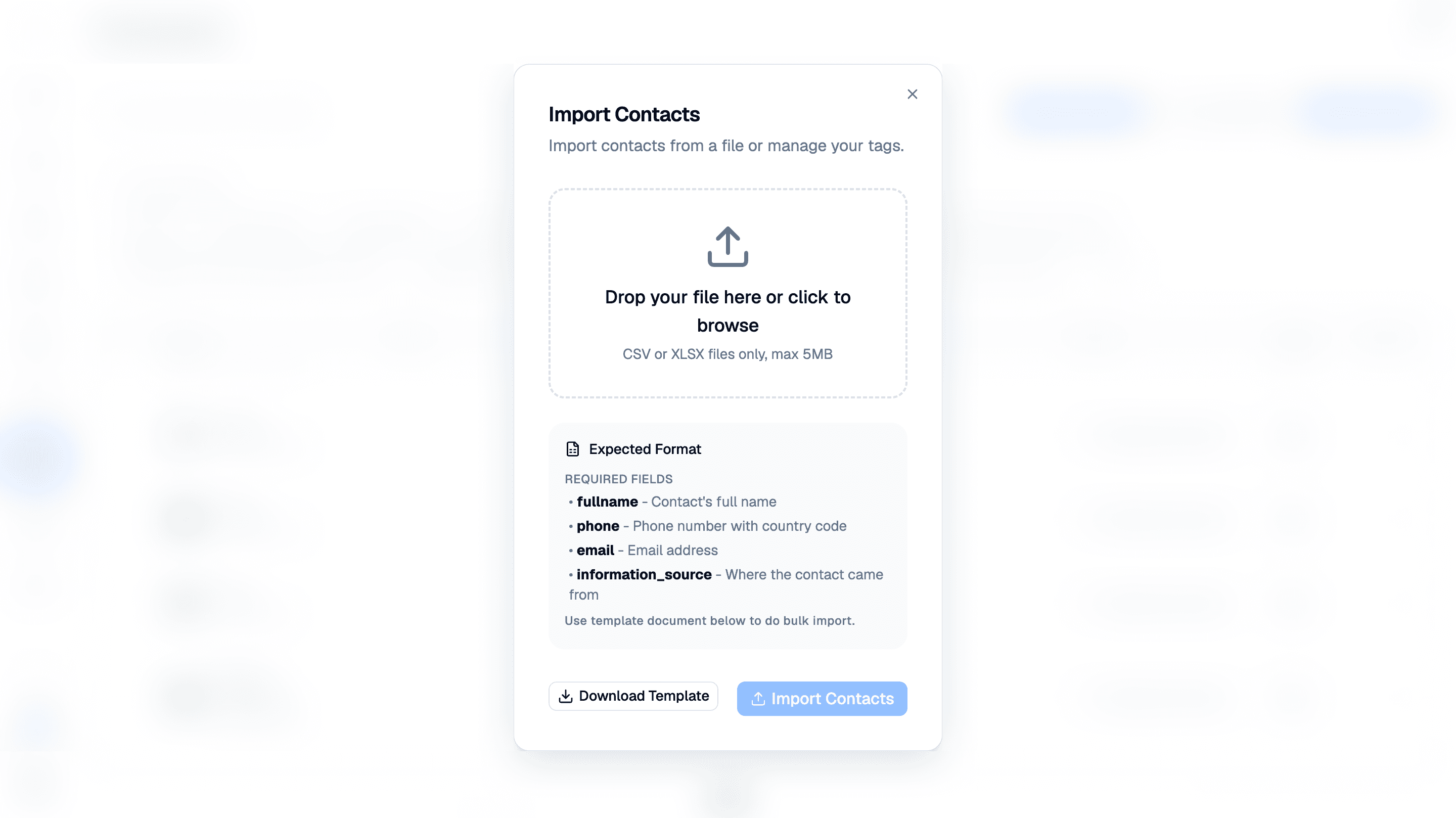 Import Contacts dialog with a CSV or XLSX upload area, 5 MB limit, expected field names, Download Template, and a disabled Import Contacts button before file selection. Background contacts are blurred.