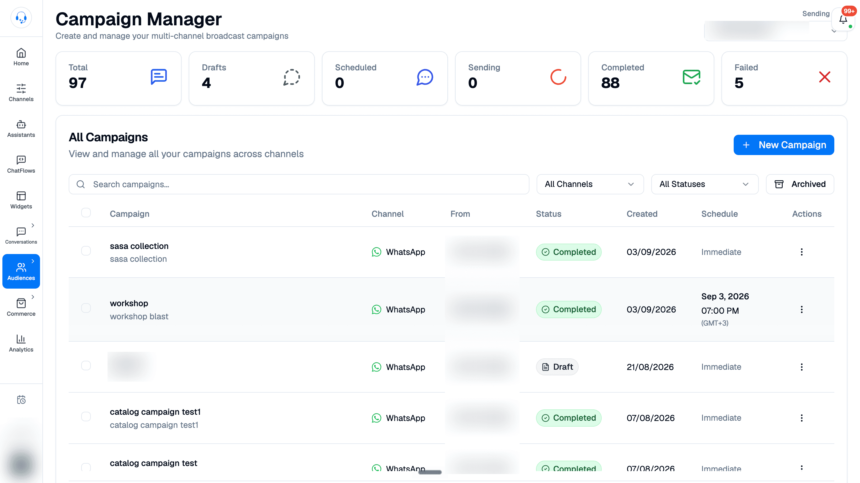 Campaign Manager with summary counts, a Sending from number picker, New Campaign button, search and status filters, and campaign rows with Completed and Draft statuses.