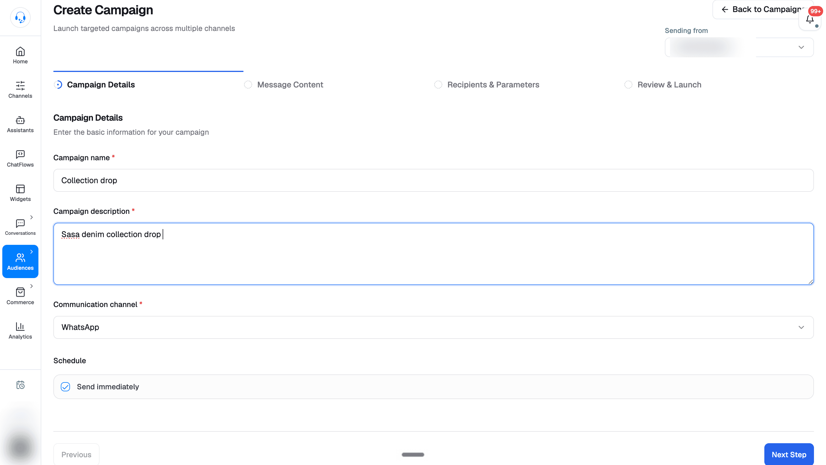 Create Campaign at the Campaign Details stage with a Collection drop name, description, WhatsApp channel, Send immediately checked, and Next Step button.