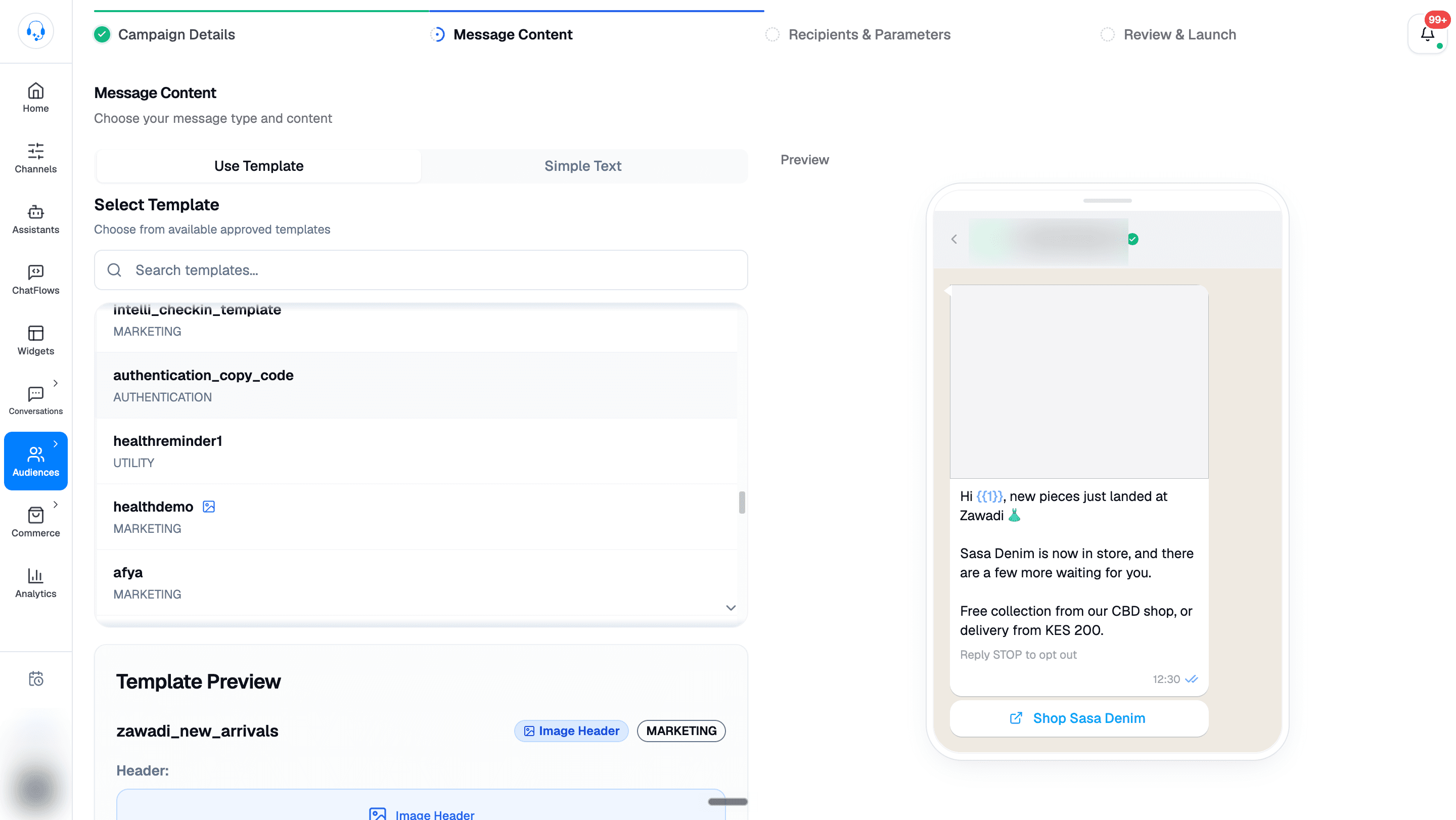 Message Content step with Use Template selected, searchable approved templates, and a WhatsApp preview of a marketing message with a variable, image-header placeholder, opt-out footer, and shop button.