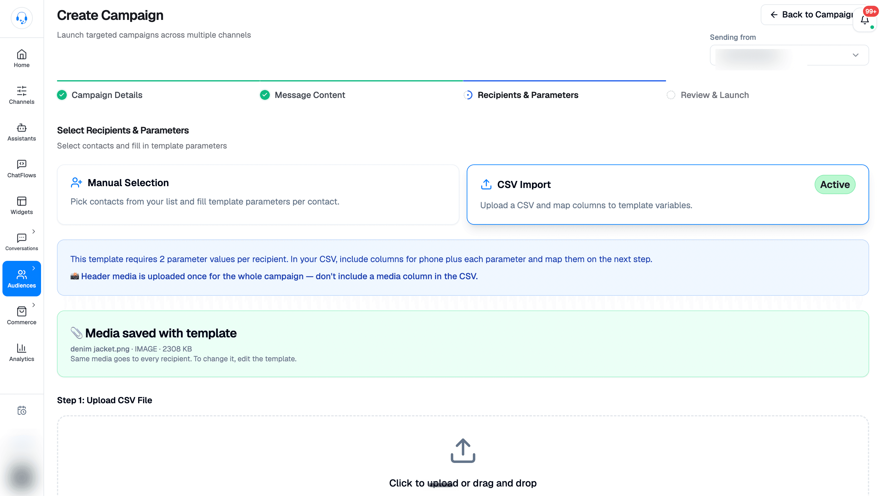 CSV Import active in Recipients and Parameters, with instructions for phone and template-parameter columns, saved template media, and an empty Upload CSV File drop zone.