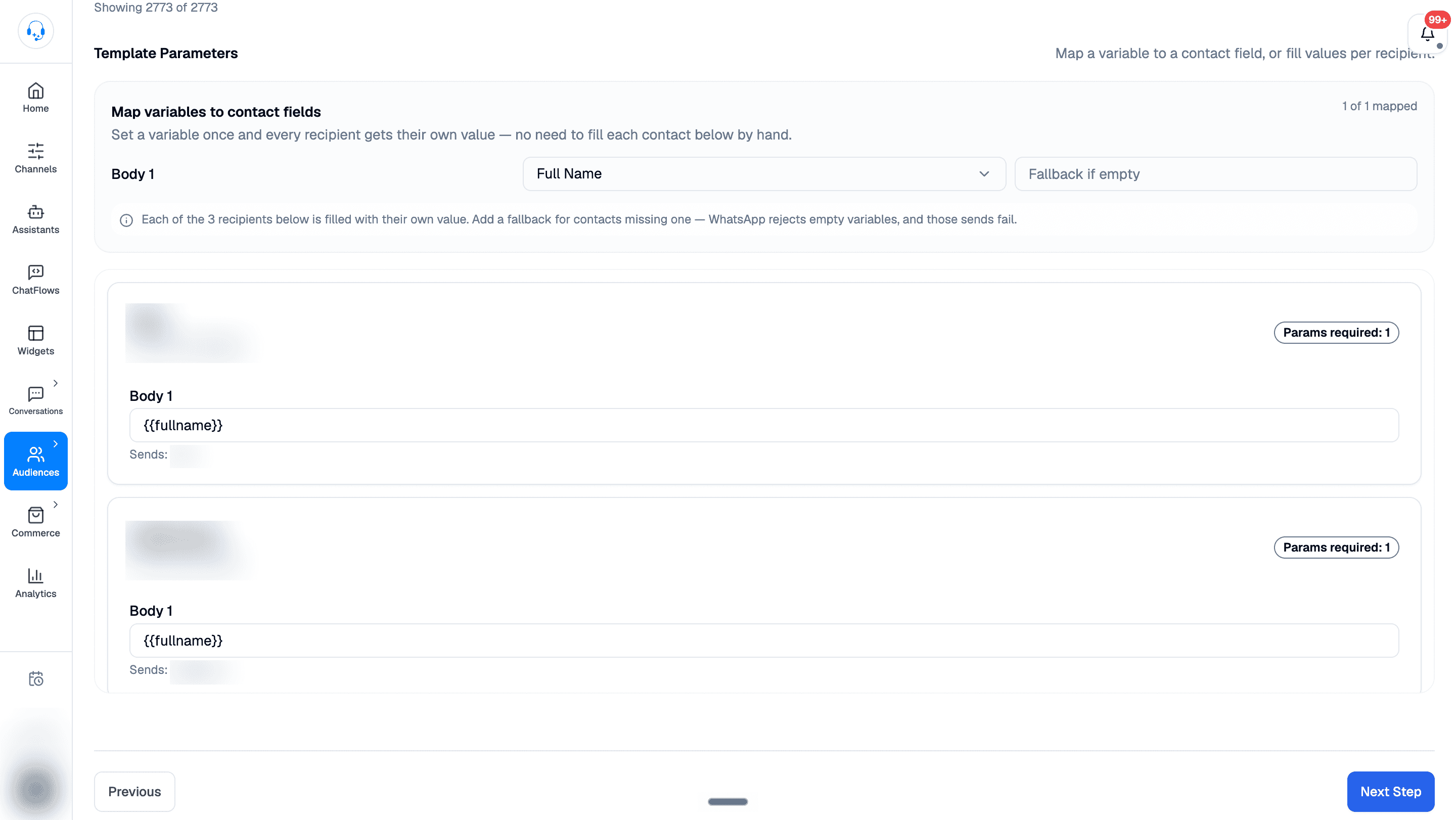 Template Parameters with Body 1 mapped to Full Name, a Fallback if empty field, one of one variables mapped, and per-recipient fullname tokens and Sends previews. Personal details are blurred.