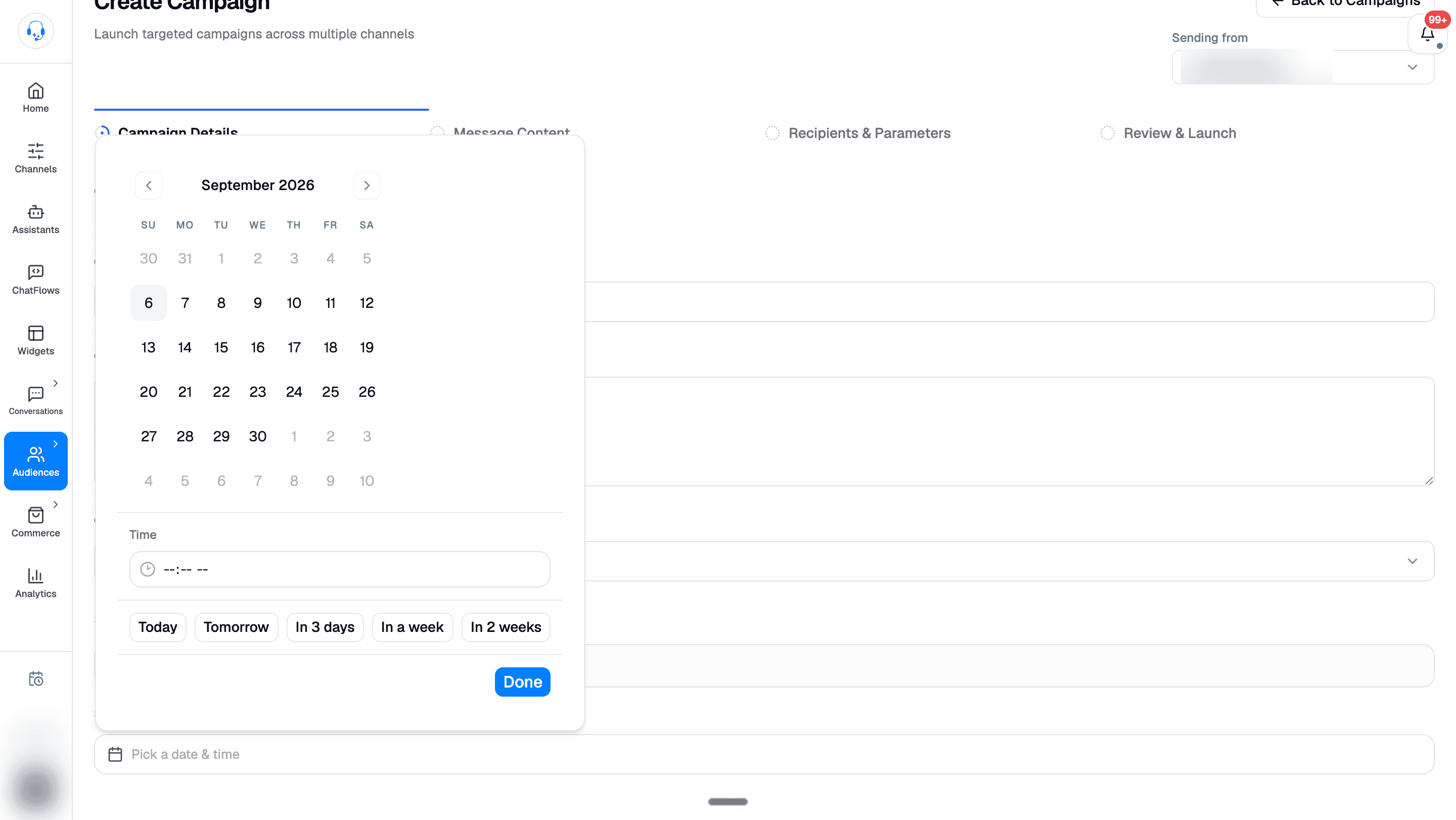 Campaign Details with the schedule picker open, showing a September calendar, an empty Time field, date shortcuts, and Done button.