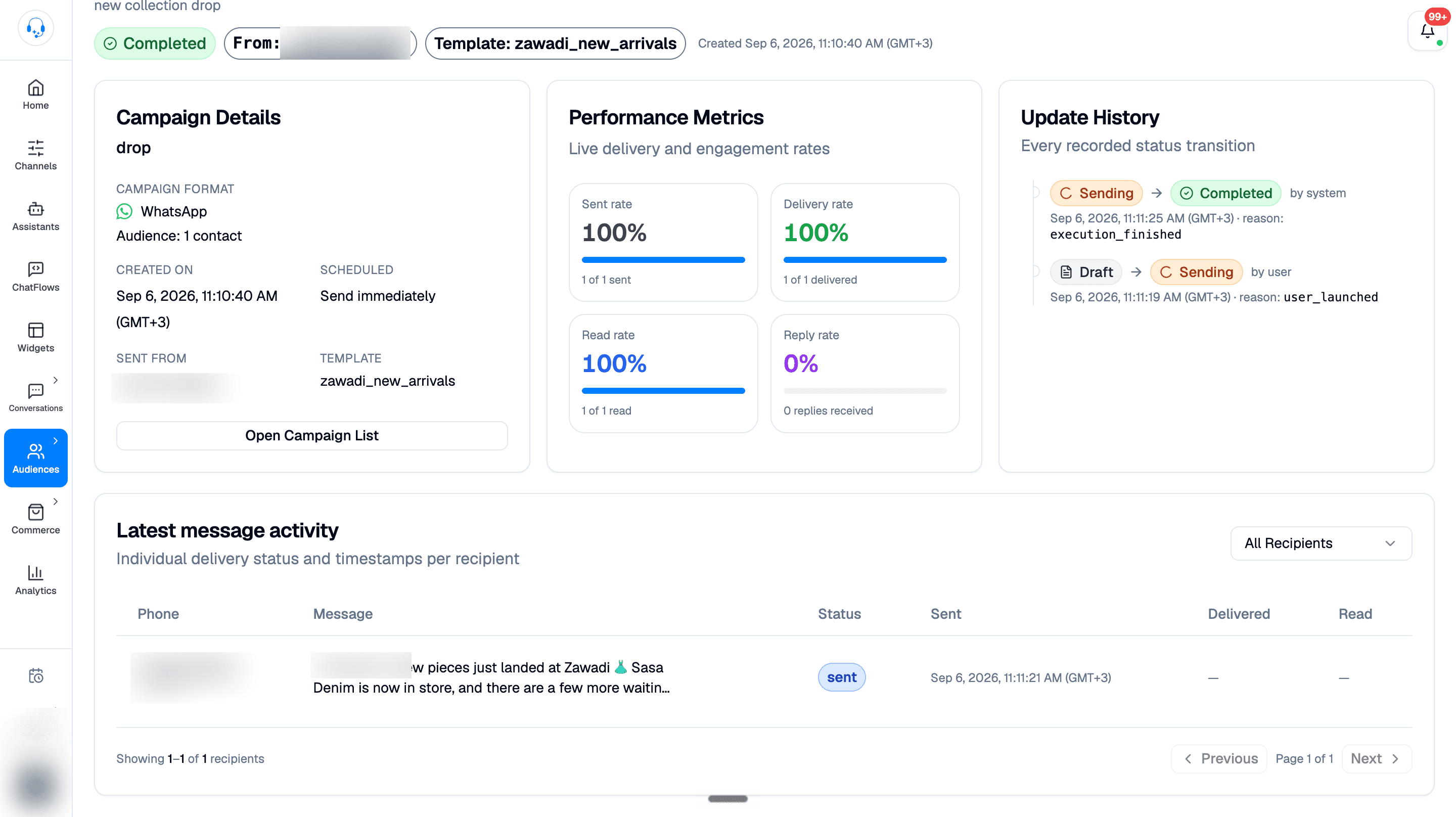 Completed campaign details with sent, delivery, read, and reply rates, Draft to Sending to Completed update history, and a Latest message activity table with one recipient row.