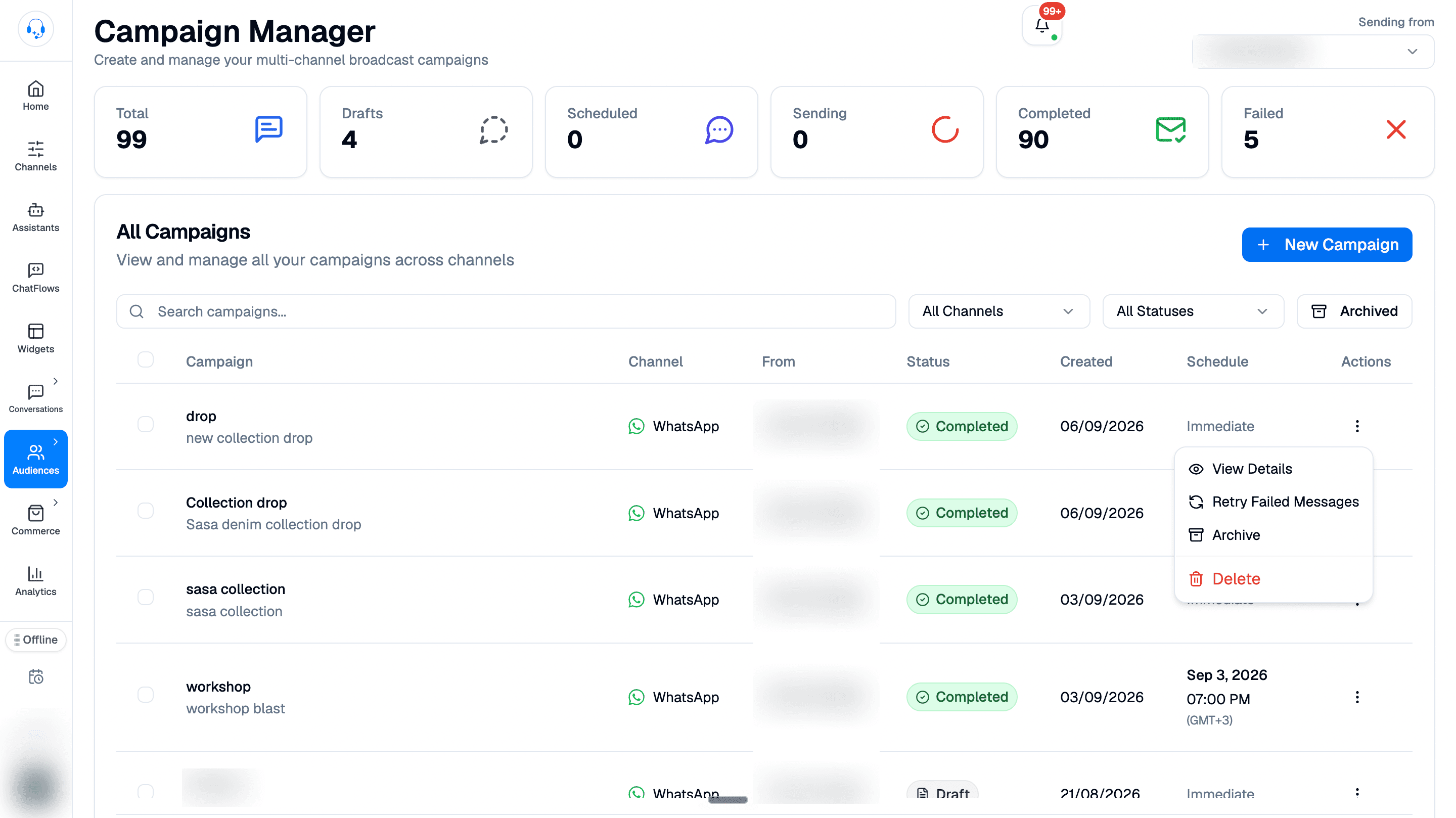 Campaign Manager with completed campaigns and an open Actions menu containing View Details, Retry Failed Messages, Archive, and Delete.