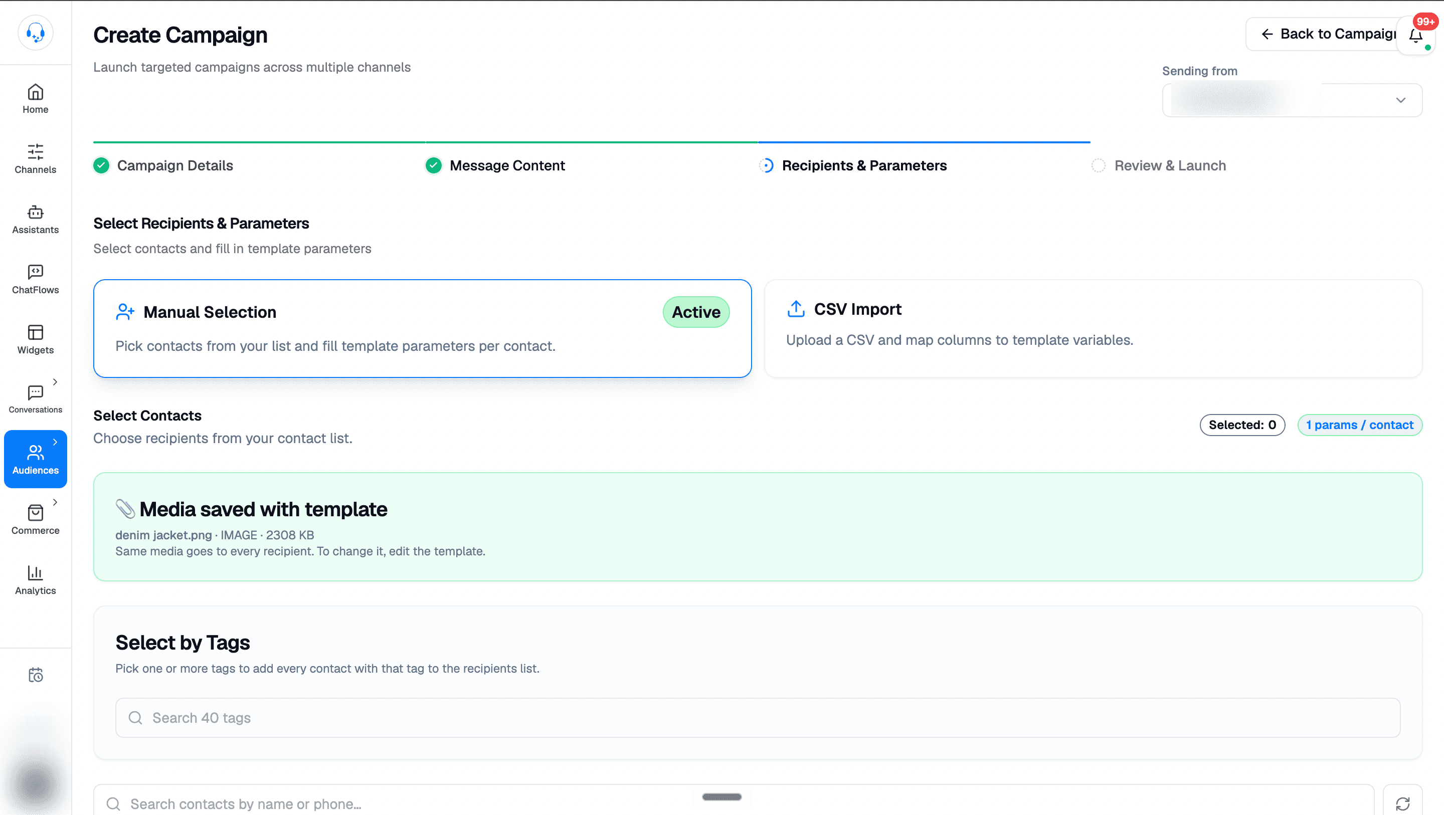 Recipients and Parameters step with Manual Selection active, CSV Import available, zero contacts selected, saved template media, and Select by Tags search above the contact search.