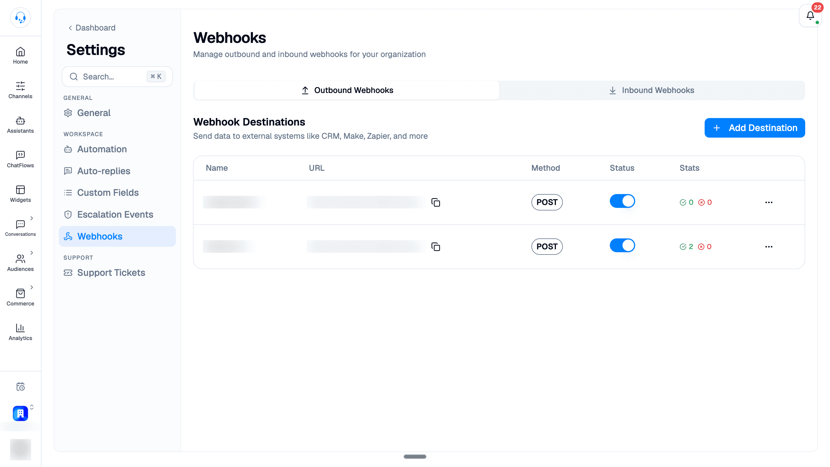 Webhooks settings with Outbound Webhooks selected, the Inbound Webhooks tab, Add Destination, and a destination table showing POST methods, enabled status toggles, and delivery counts. Destination names, URLs, and sidebar identity details are blurred.