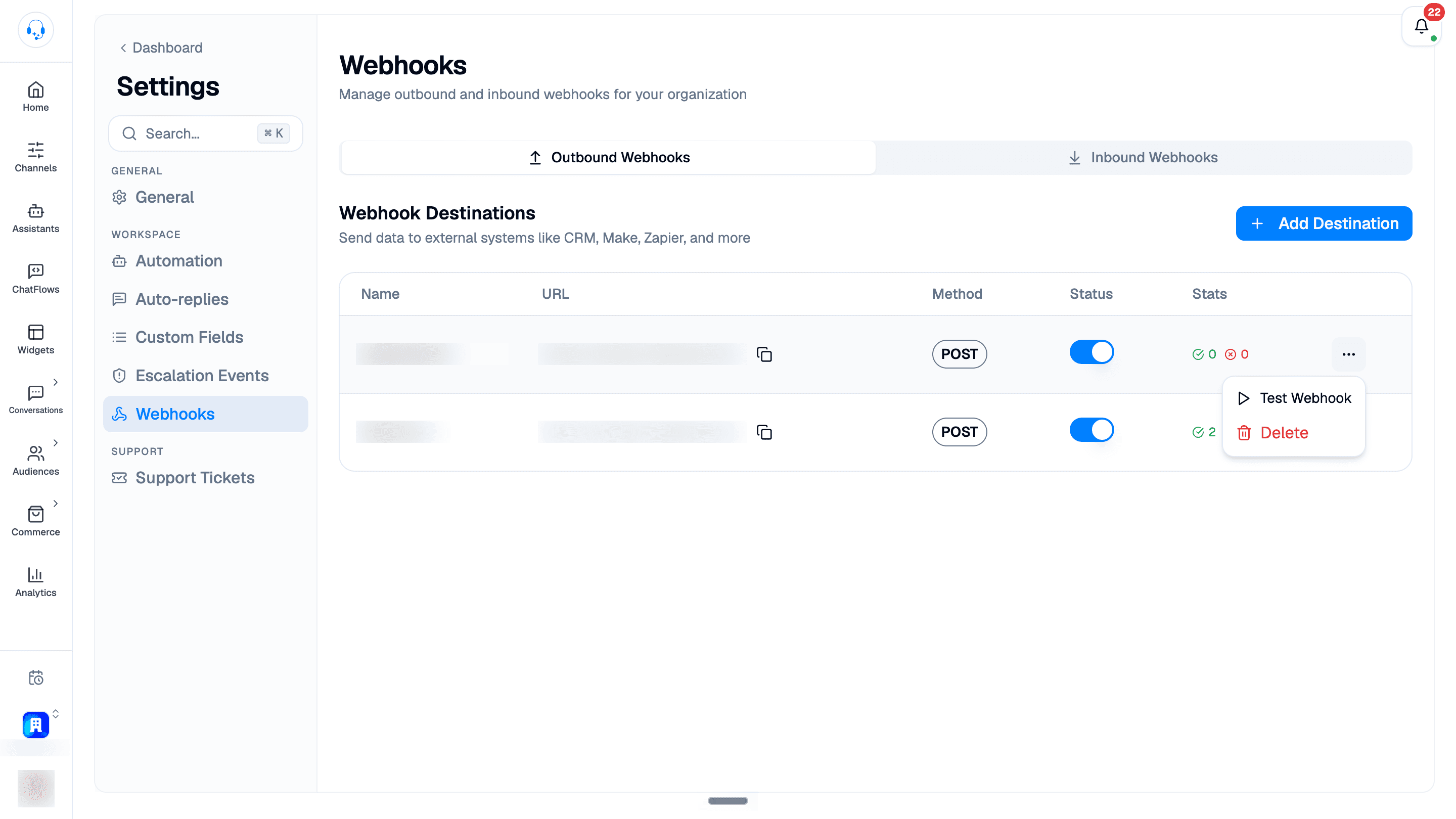 Outbound destination three-dot menu open with Test Webhook and Delete actions. Status toggles and delivery counts remain visible; destination names, URLs, and sidebar identity details are blurred.