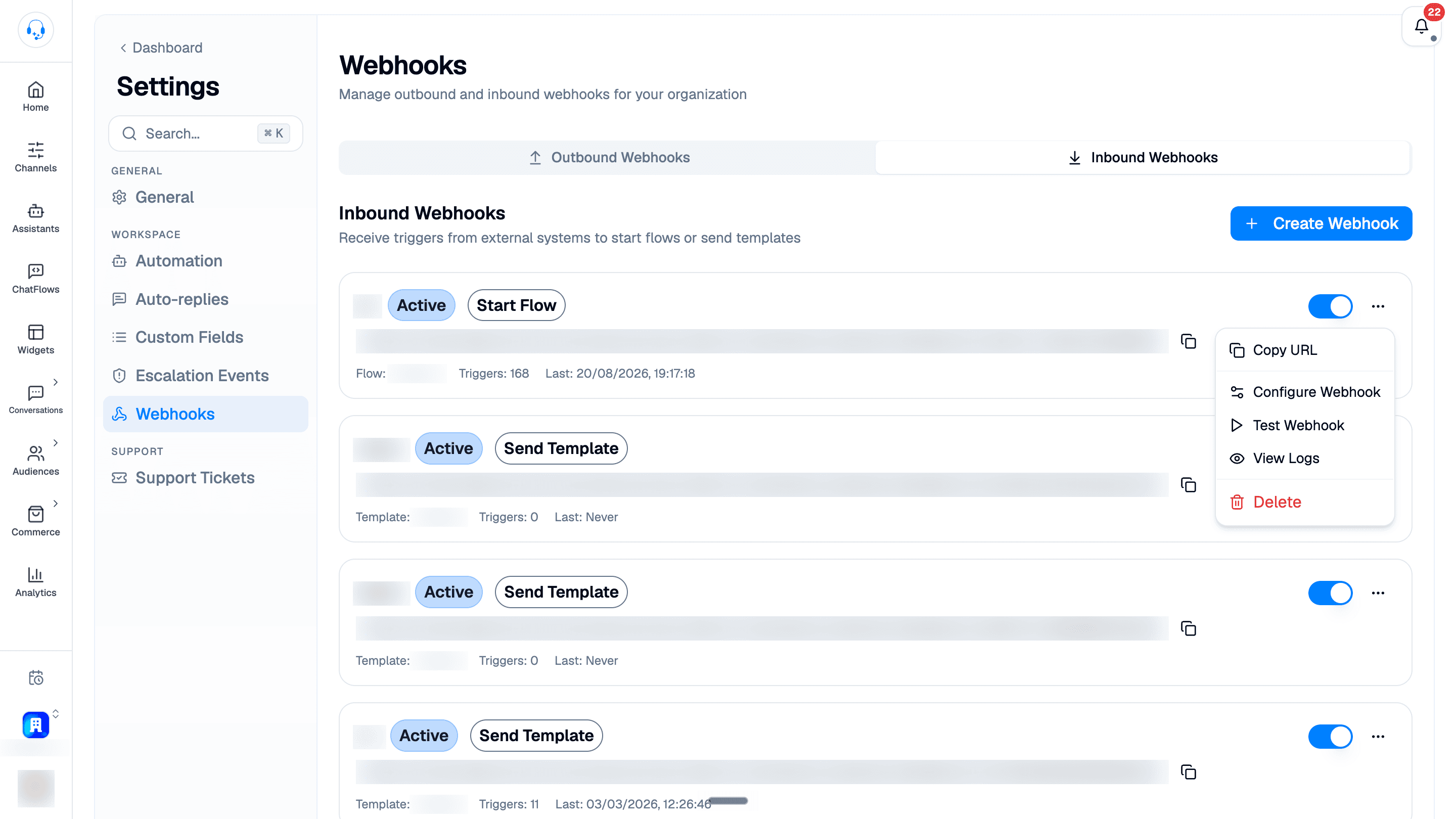 Inbound Webhooks tab with Create Webhook and a row menu offering Copy URL, Configure Webhook, Test Webhook, View Logs, and Delete. Webhook names, full URLs, flow and template names, and sidebar identity details are blurred.
