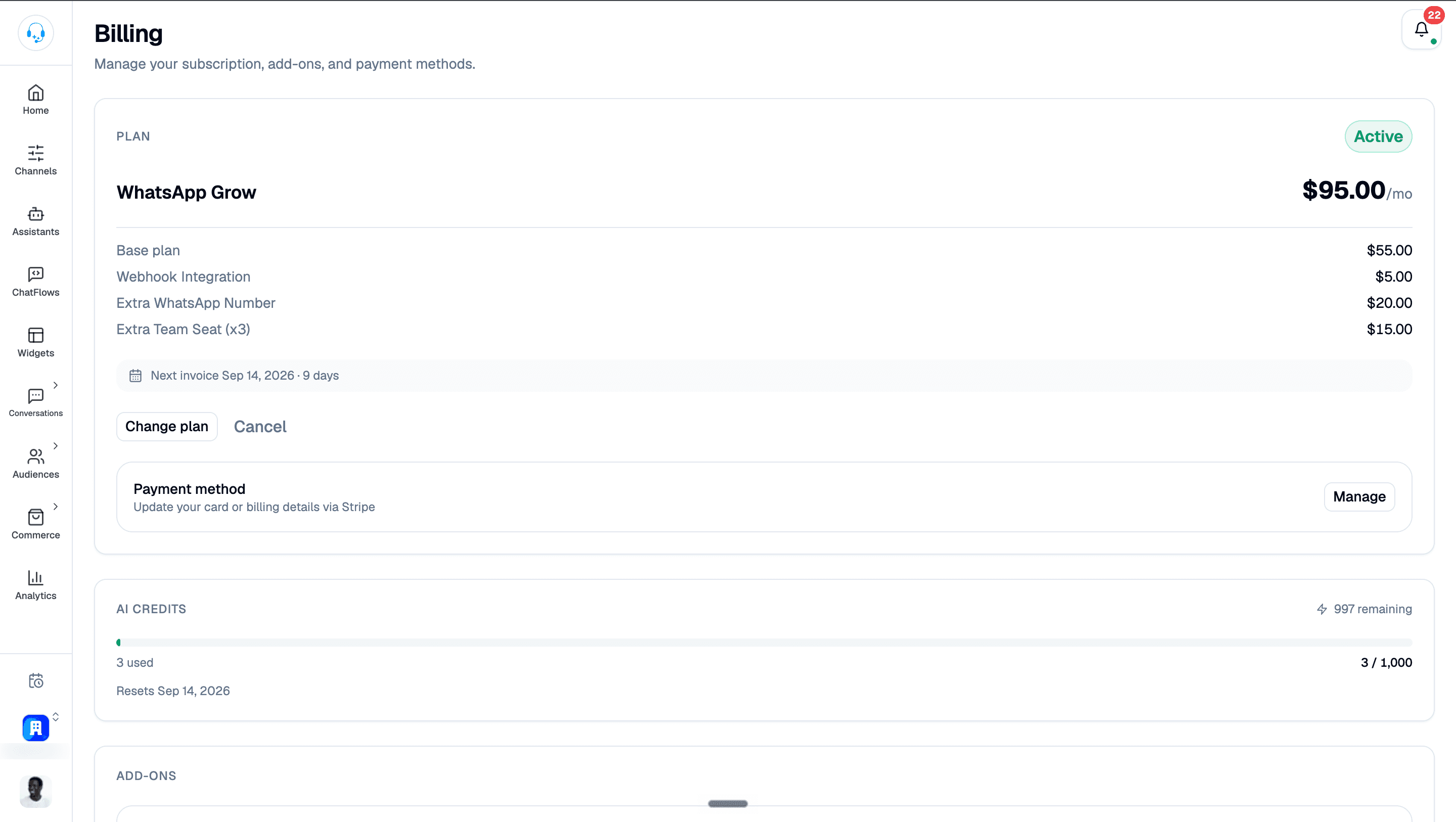 Billing overview with the active plan, base price and add-on breakdown, next invoice date, Change plan and Cancel controls, payment method management, and AI credit usage; sidebar organization name is blurred.