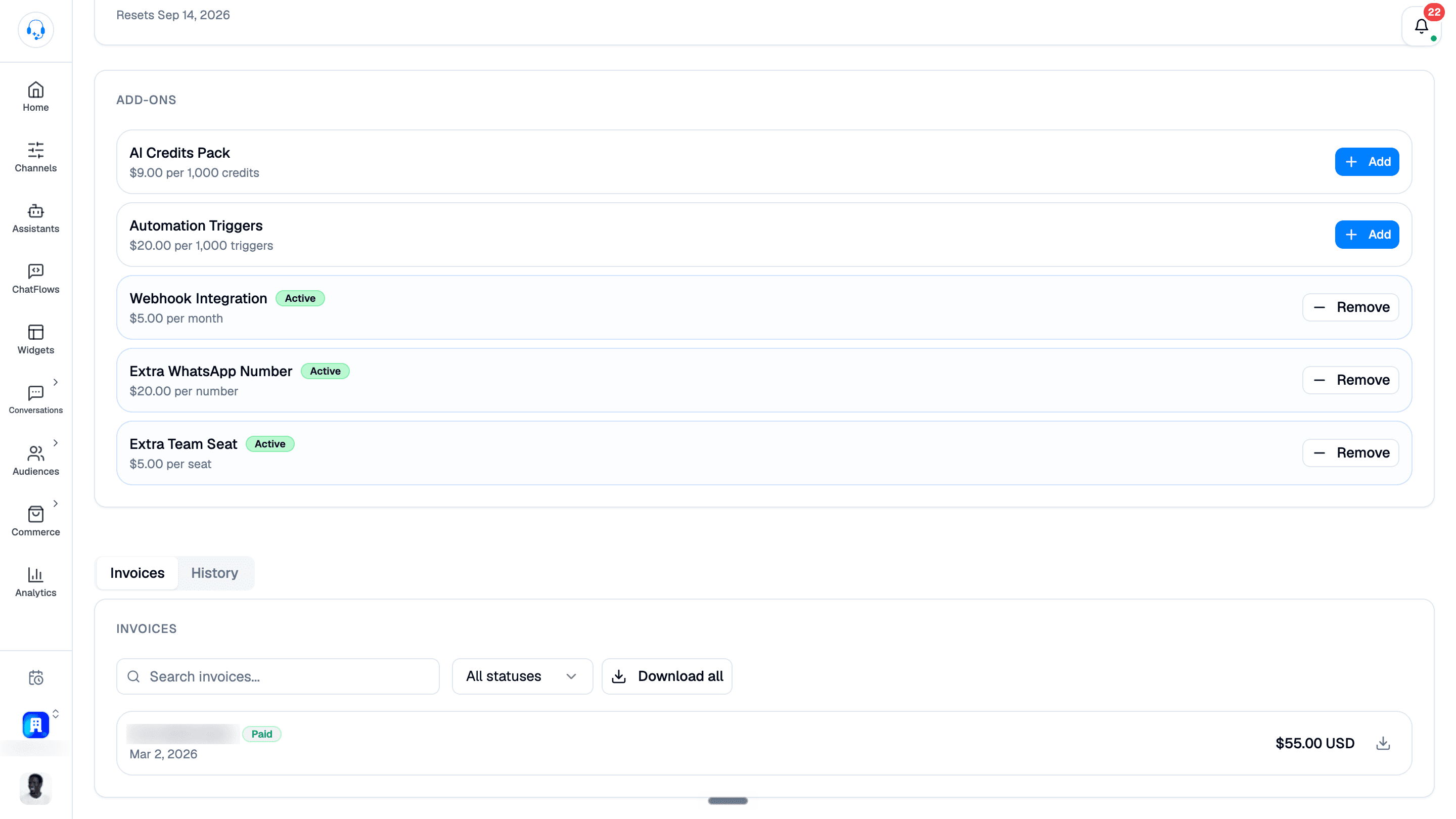 Billing add-ons with Add, Active, and Remove controls above the Invoices and History tabs, invoice search, status filter, Download all, and a paid invoice with a download icon; invoice identifier and sidebar organization name are blurred.