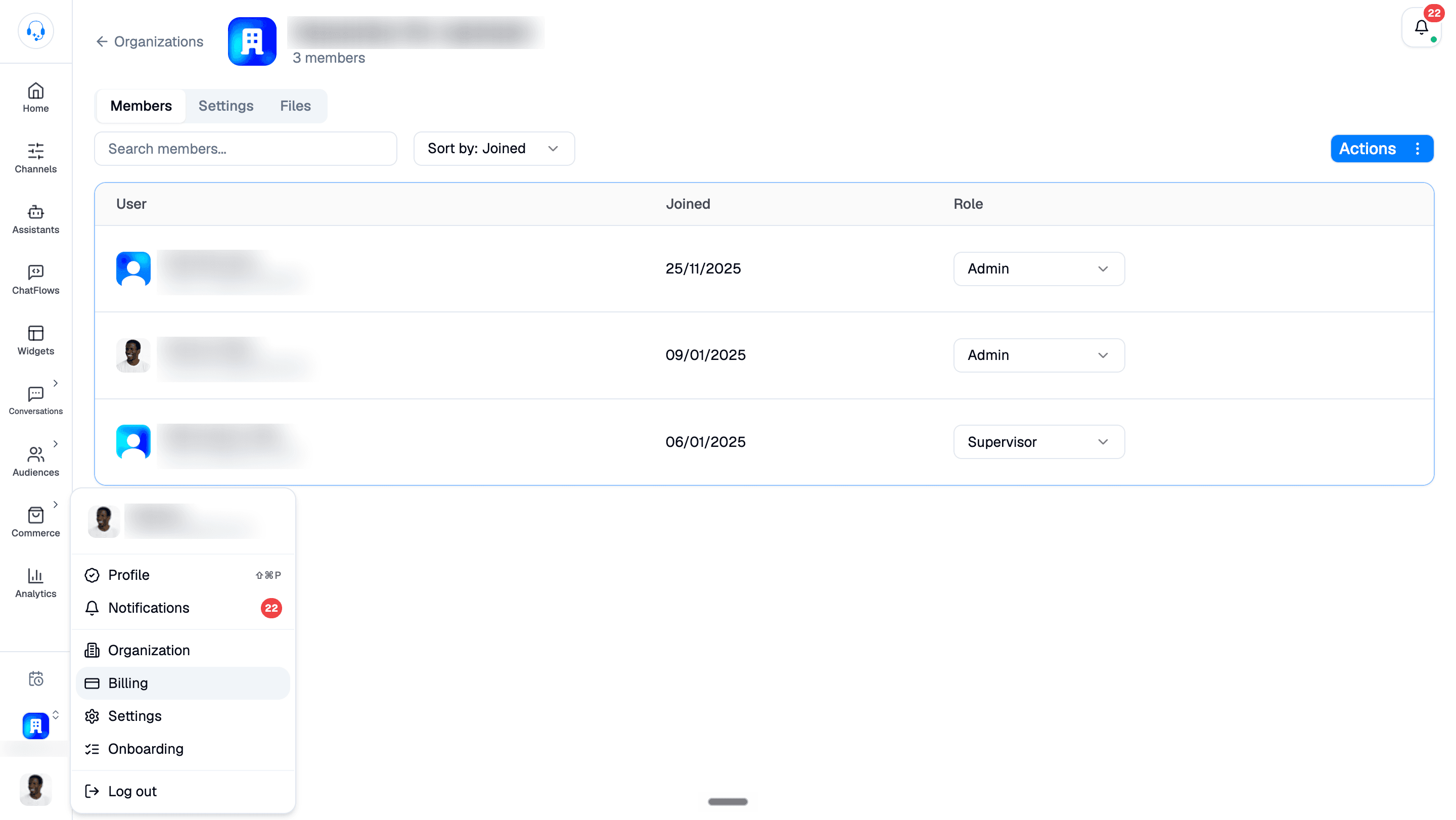 Dashboard profile menu with Billing highlighted; member names, email addresses, and organization names are blurred.