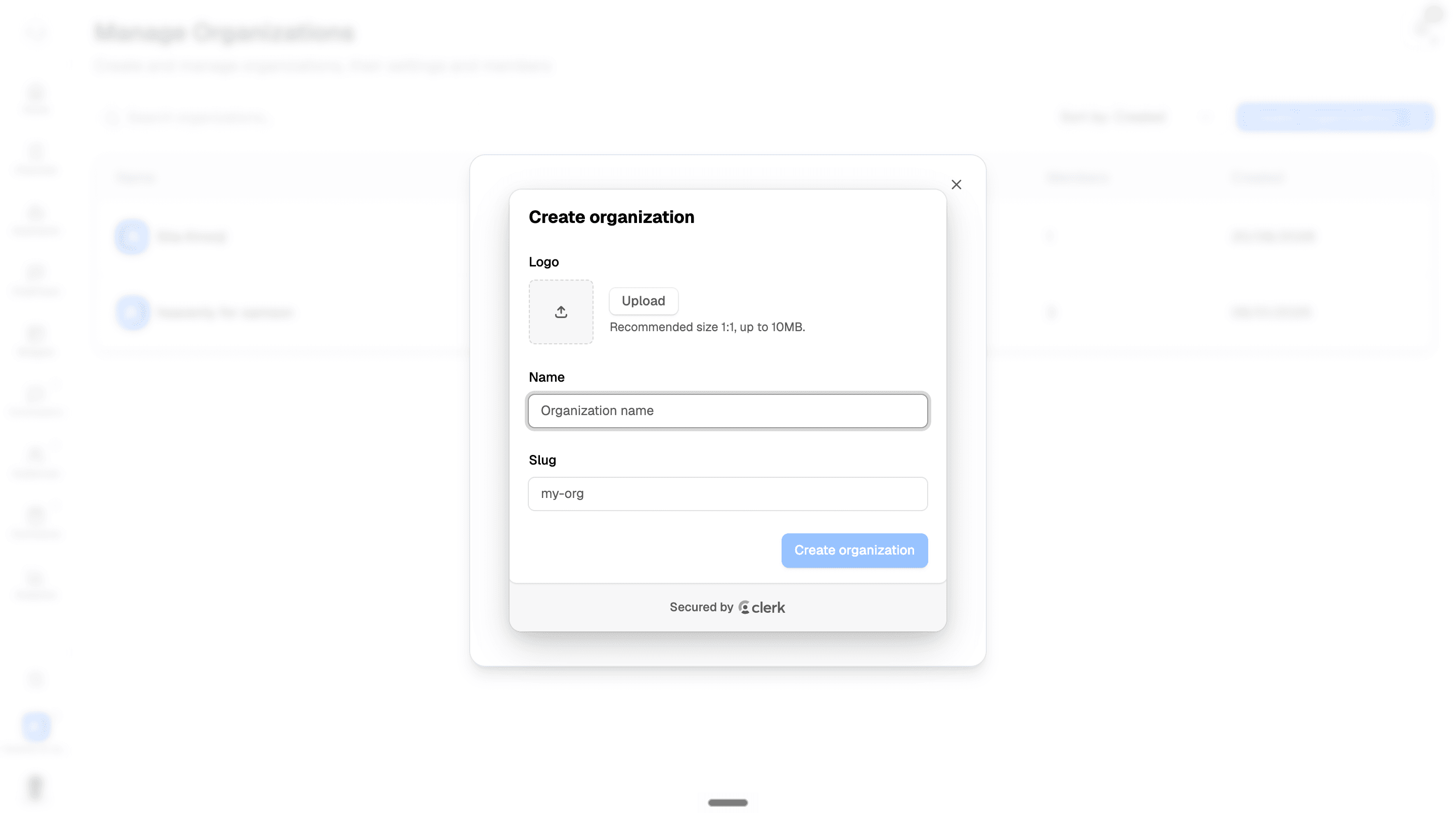 Create organization dialog with logo upload, Name and Slug fields, and the Create organization button.