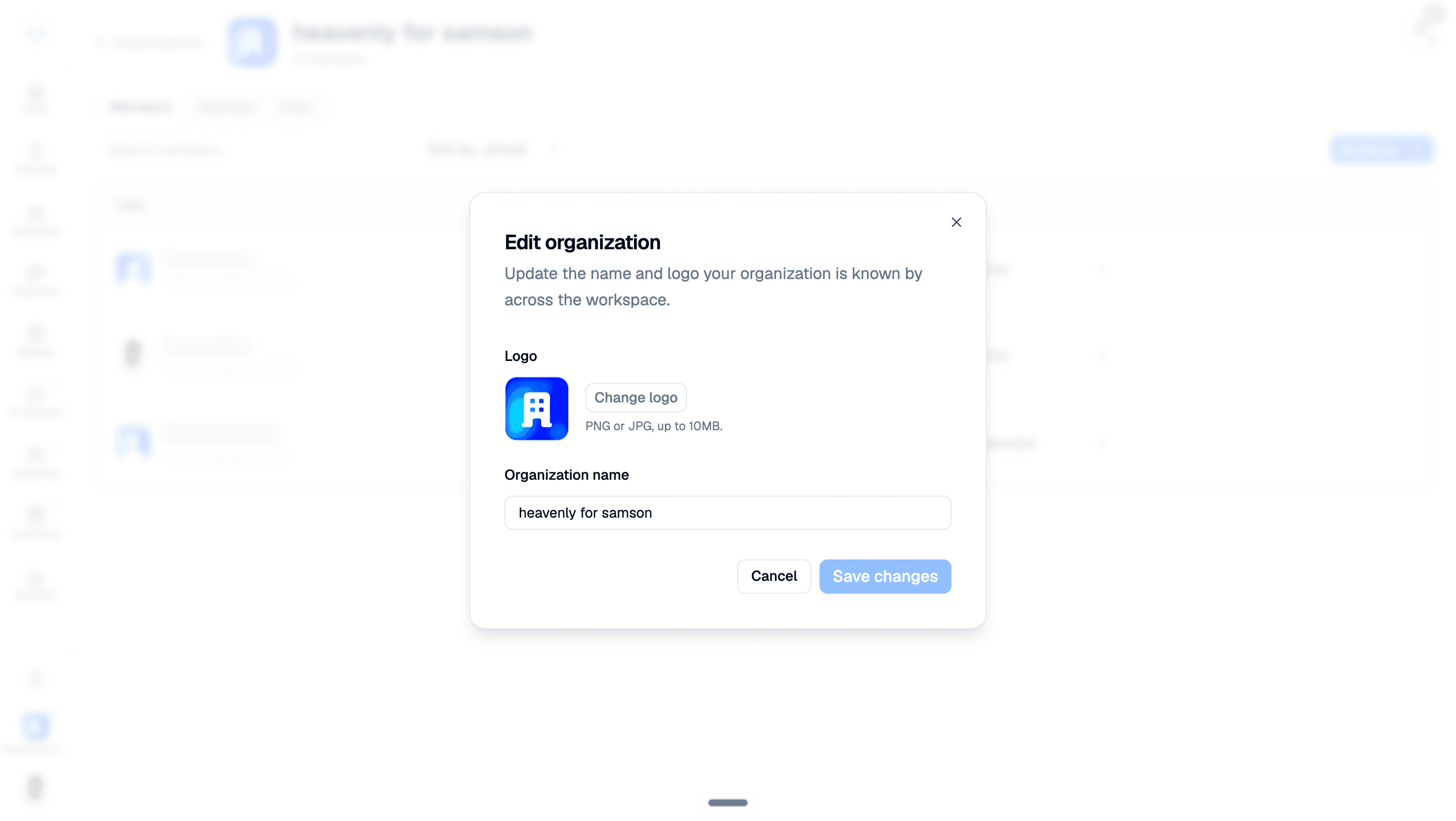 Edit organization dialog with Change logo, Organization name, Cancel, and Save changes controls; background member names and emails are blurred.