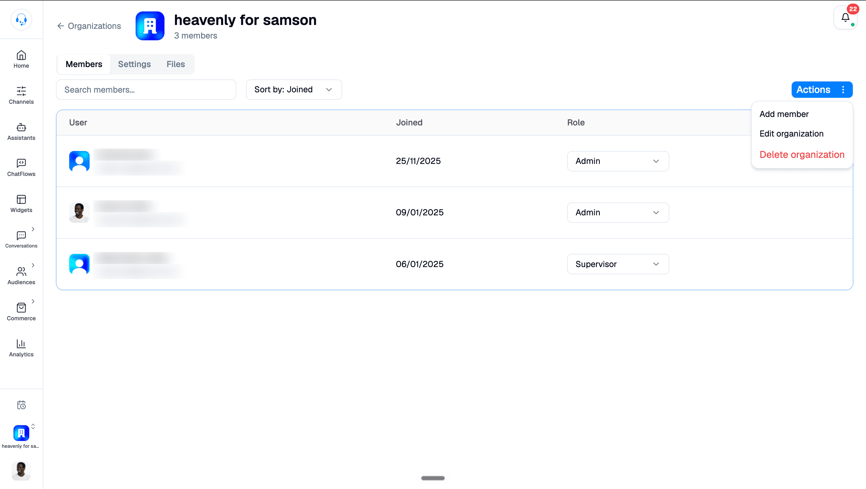 Organization Actions menu showing Add member, Edit organization, and Delete organization before confirmation; member names and email addresses are blurred.
