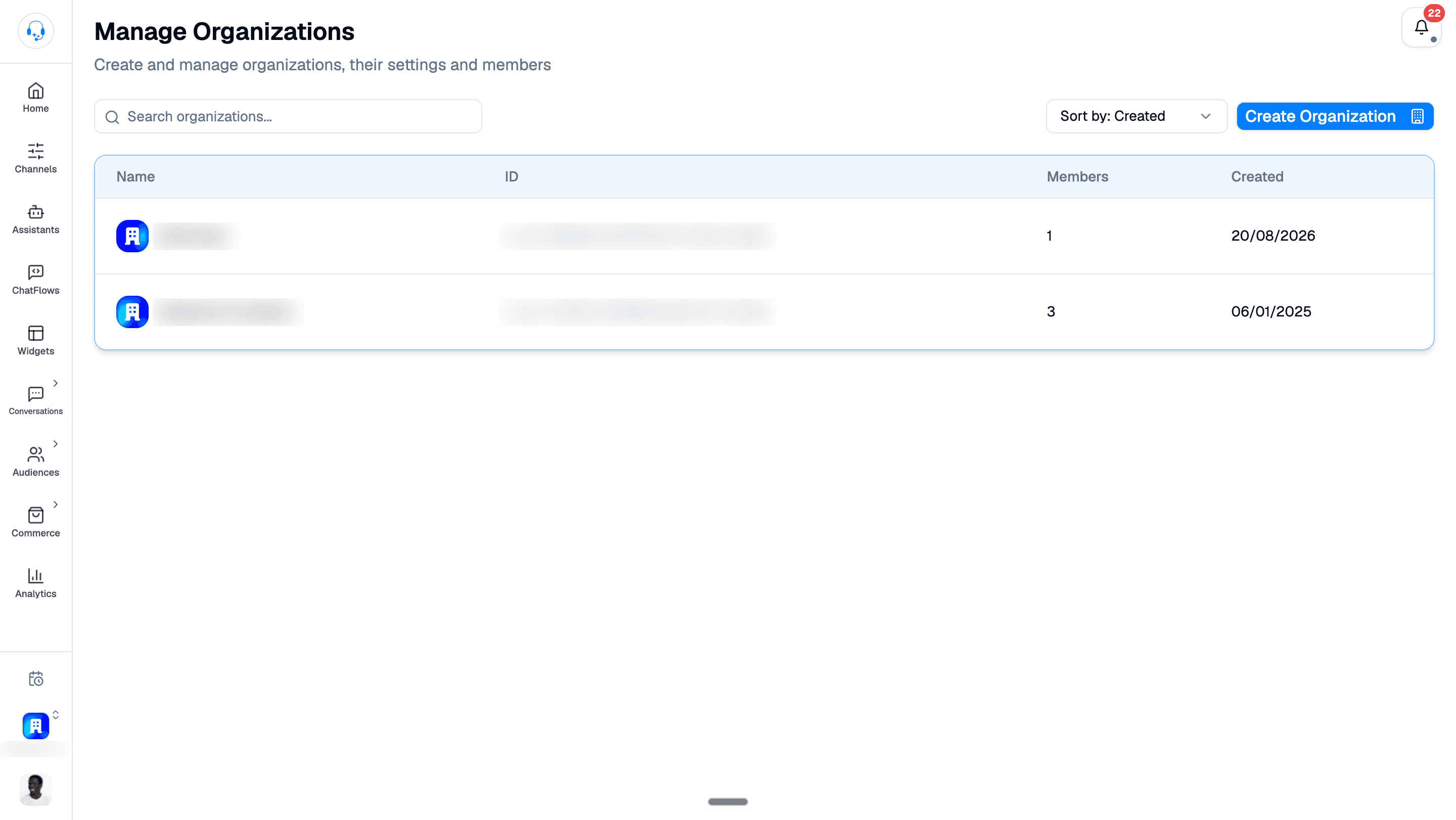 Manage Organizations page with search, sorting, member counts, creation dates, and Create Organization; organization names and IDs are blurred, including the sidebar name.